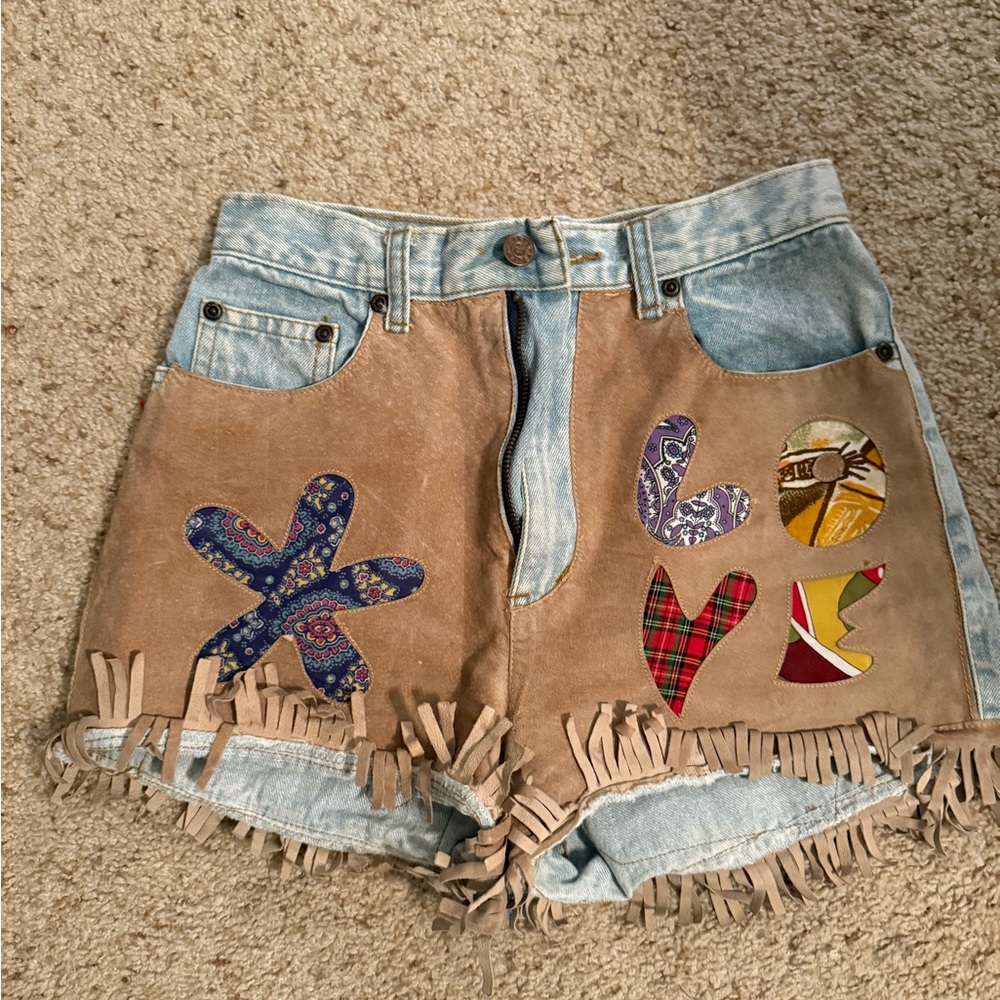Fringe Denim and Suede Patchwork Shorts